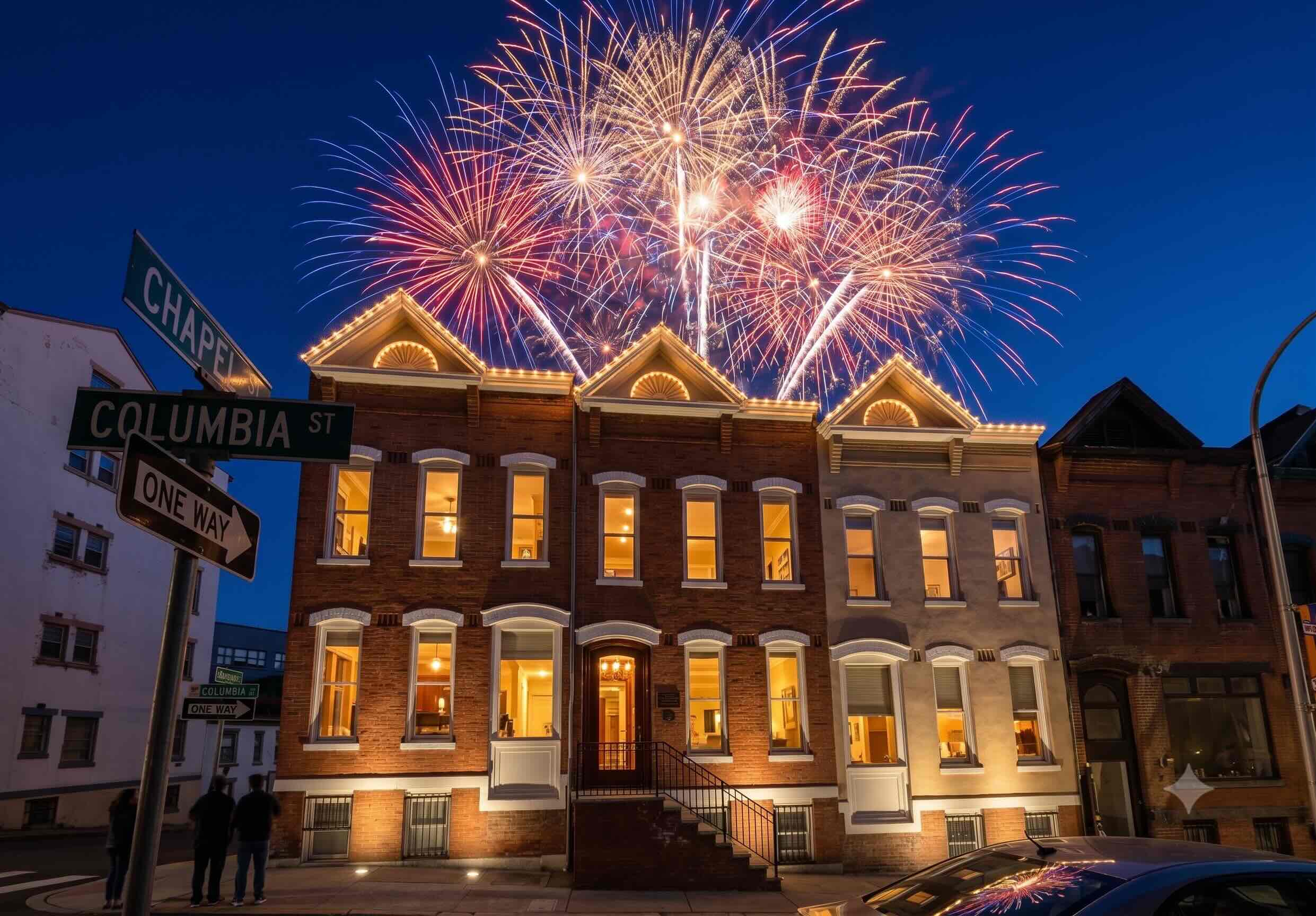 A beautiful display of fireworks appears over Dreyer Boyajian's office at 75 Columbia Street in Albany, NY
