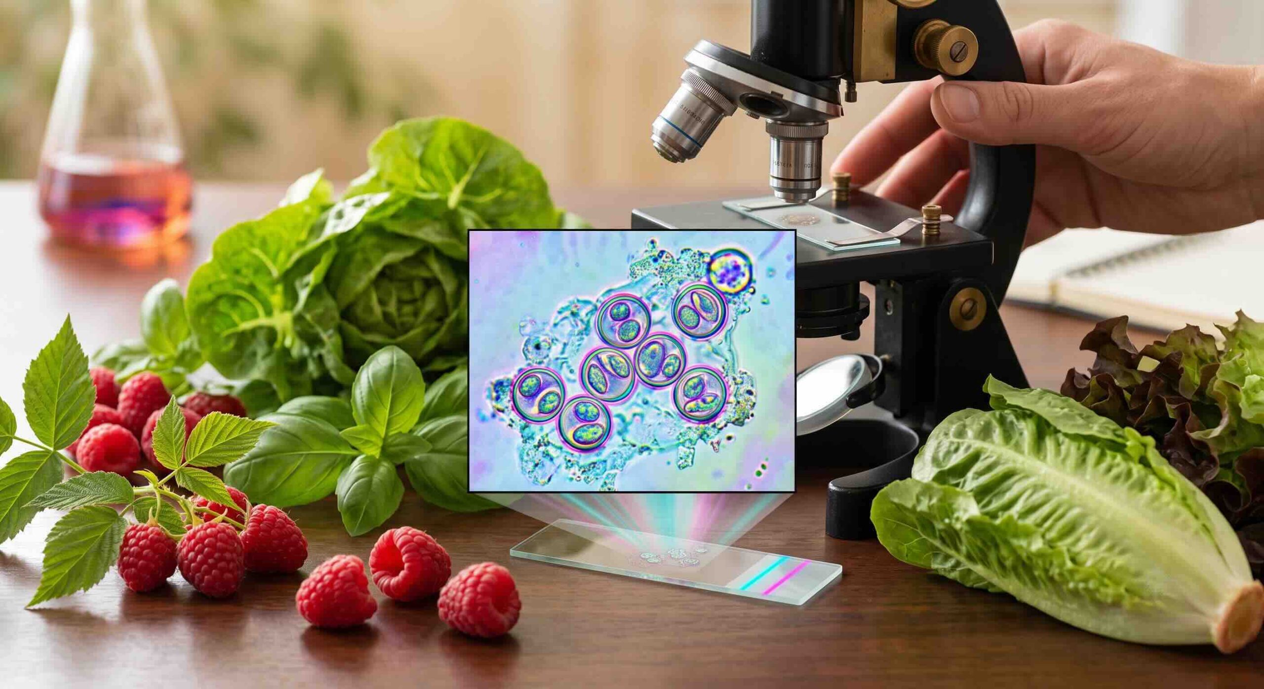 An image of a microscope with the types of foods commonly associated with cyclosporiasis outbreaks