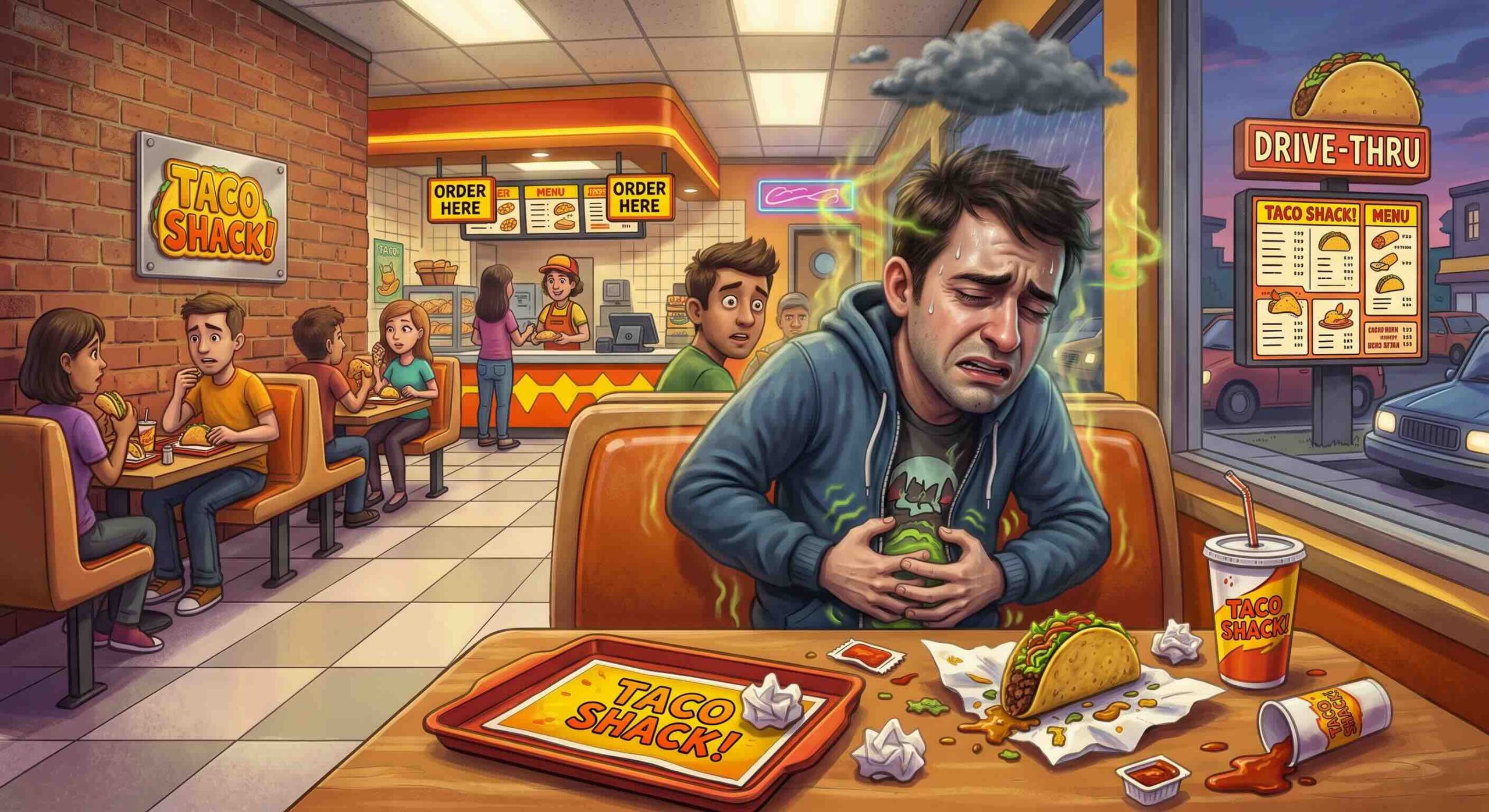 Person exhibiting upset stomach and gastrointestinal distress while eating at taco fast food restaurant